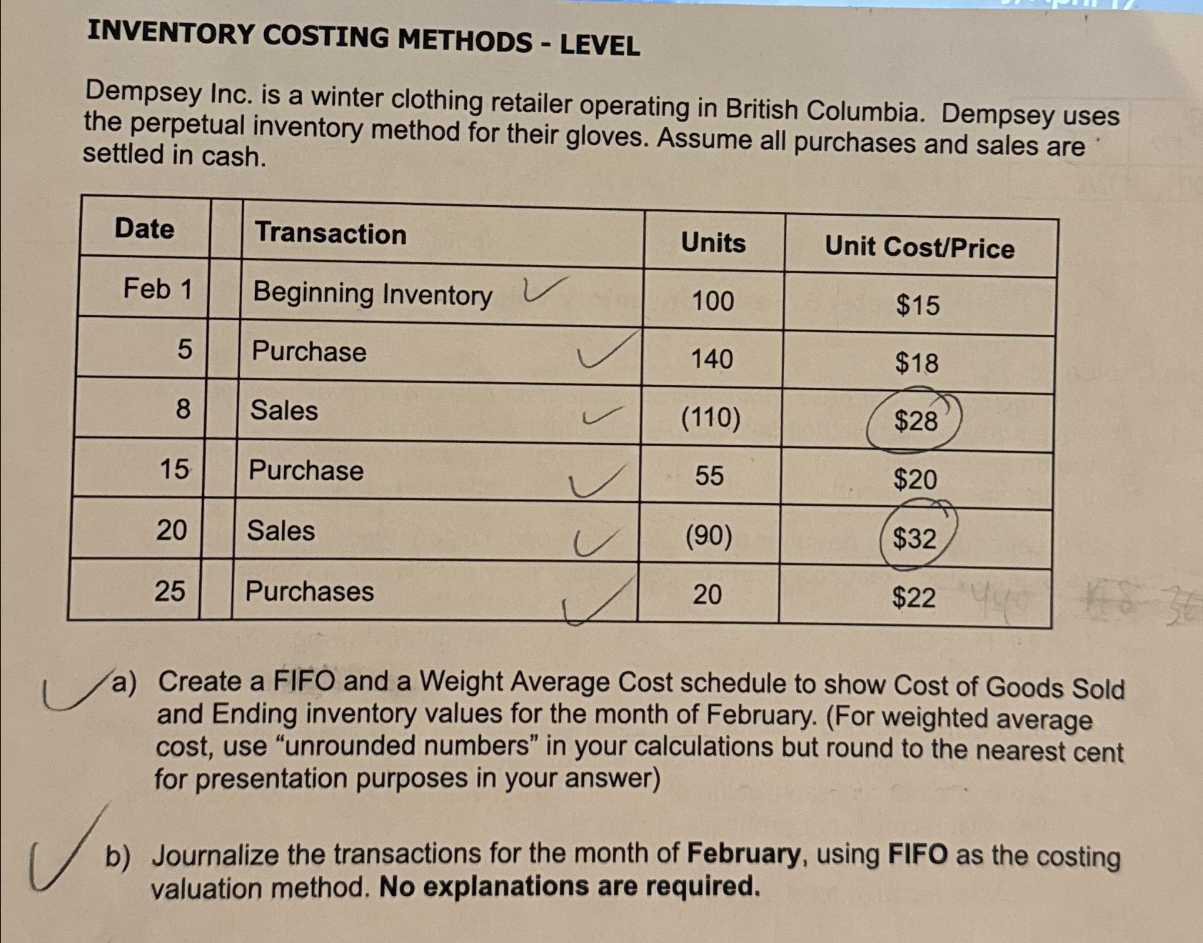 INVENTORY COSTING METHODS - LEVEL Dempsey Inc. is a winter clothing