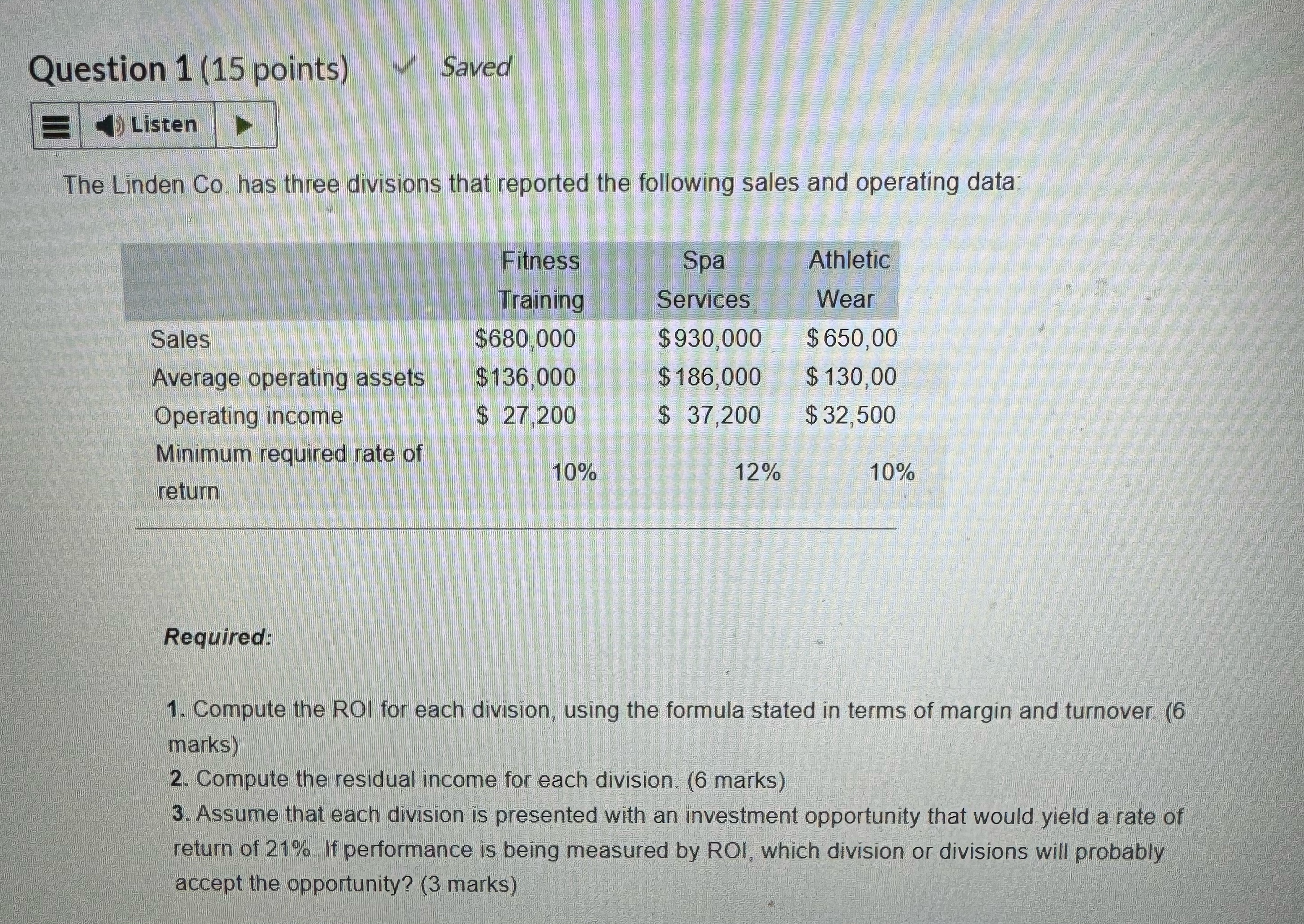 that reported the following sales and operating data: \table[[,Fitness,Spa,Athletic],[,Training,Services,Wear],[Sales,$680,000,$930,000,$650,00 