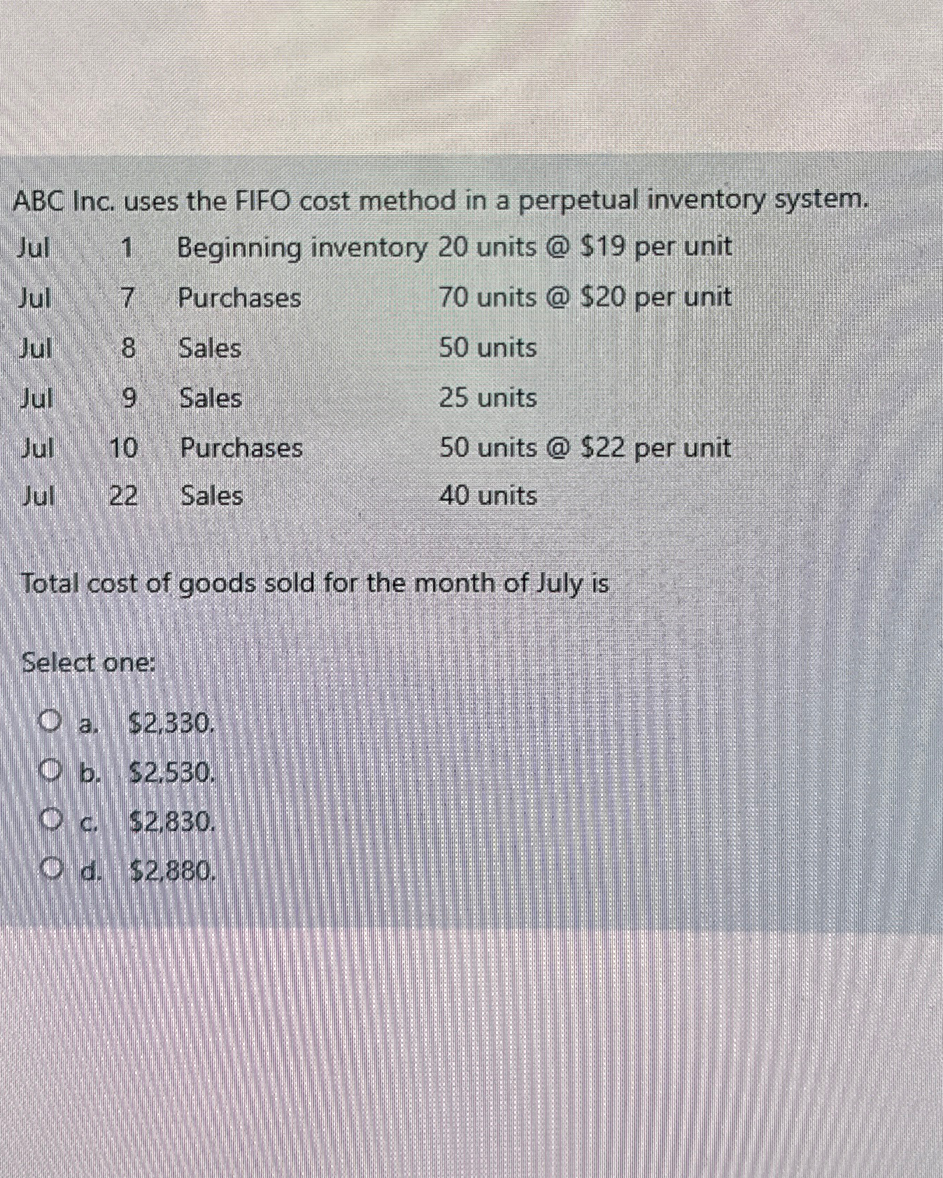  ABC Inc. uses the FIFO cost method in a perpetual inventory
