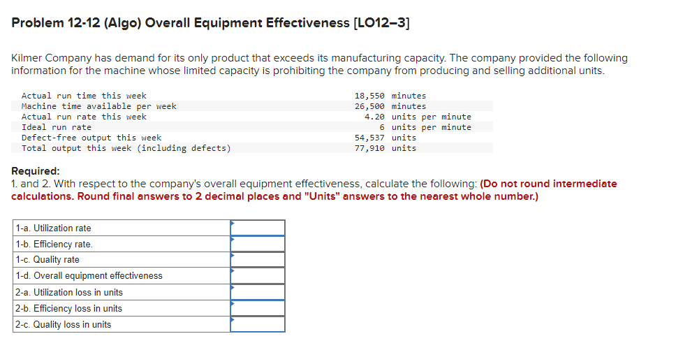  Problem 12-12(Algo) Overall Equipment Effectiveness [LO12-3] Kilmer Company has demand for