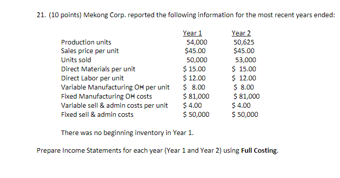 recent years ended: There was no beginning inventory in Year 1. Prepare