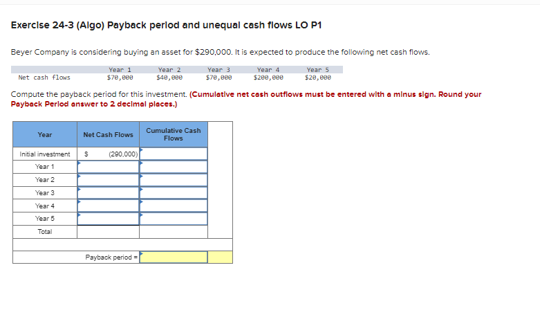  Exercise 24-3(Algo) Payback perlod and unequal cash flows LO P1 Beyer