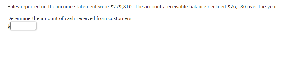 balance declined $26,180 over the year. Determine the amount of cash received