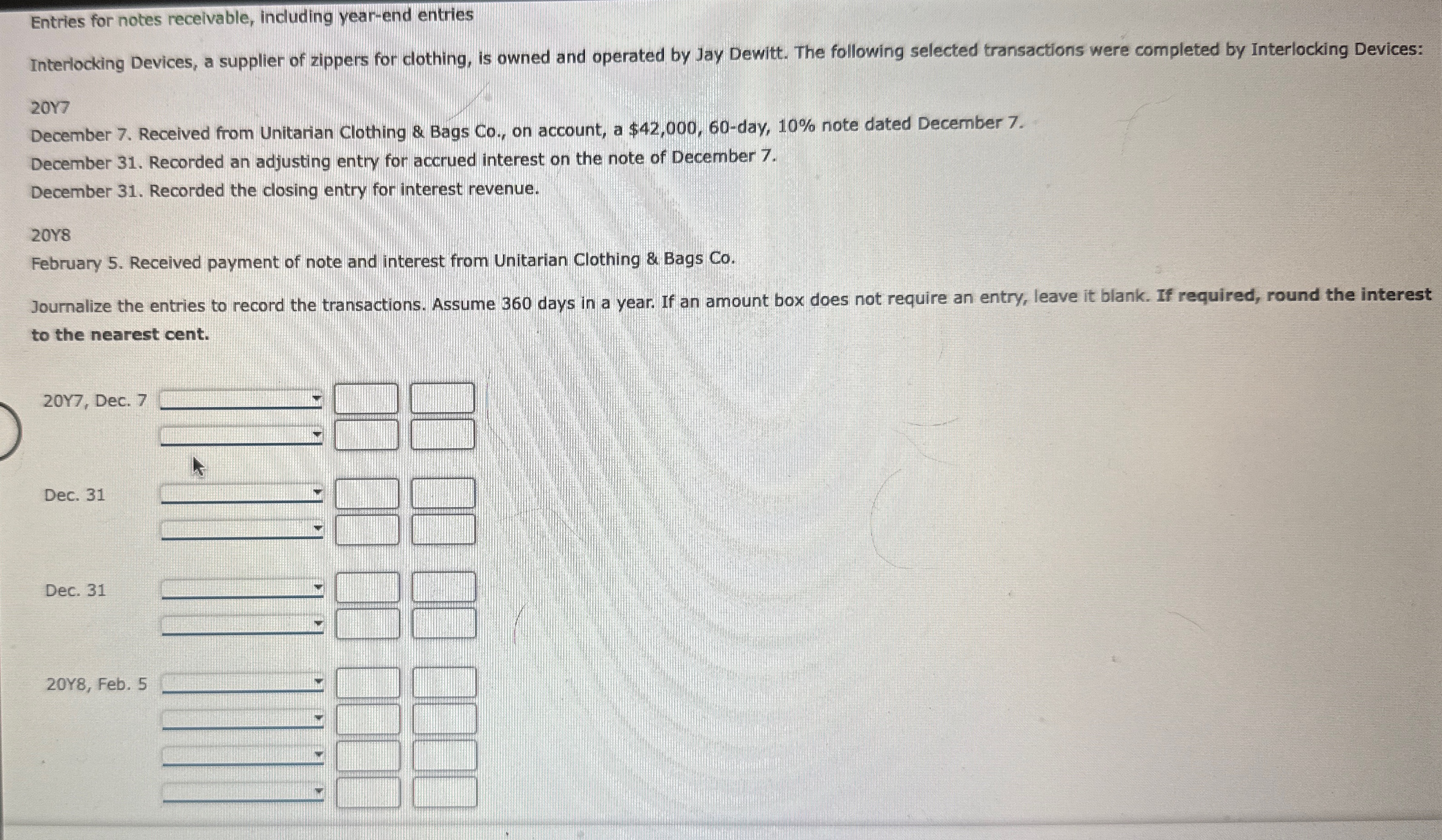 Entries for notes receivable, including year-end entries Interlocking Devices, a supplier