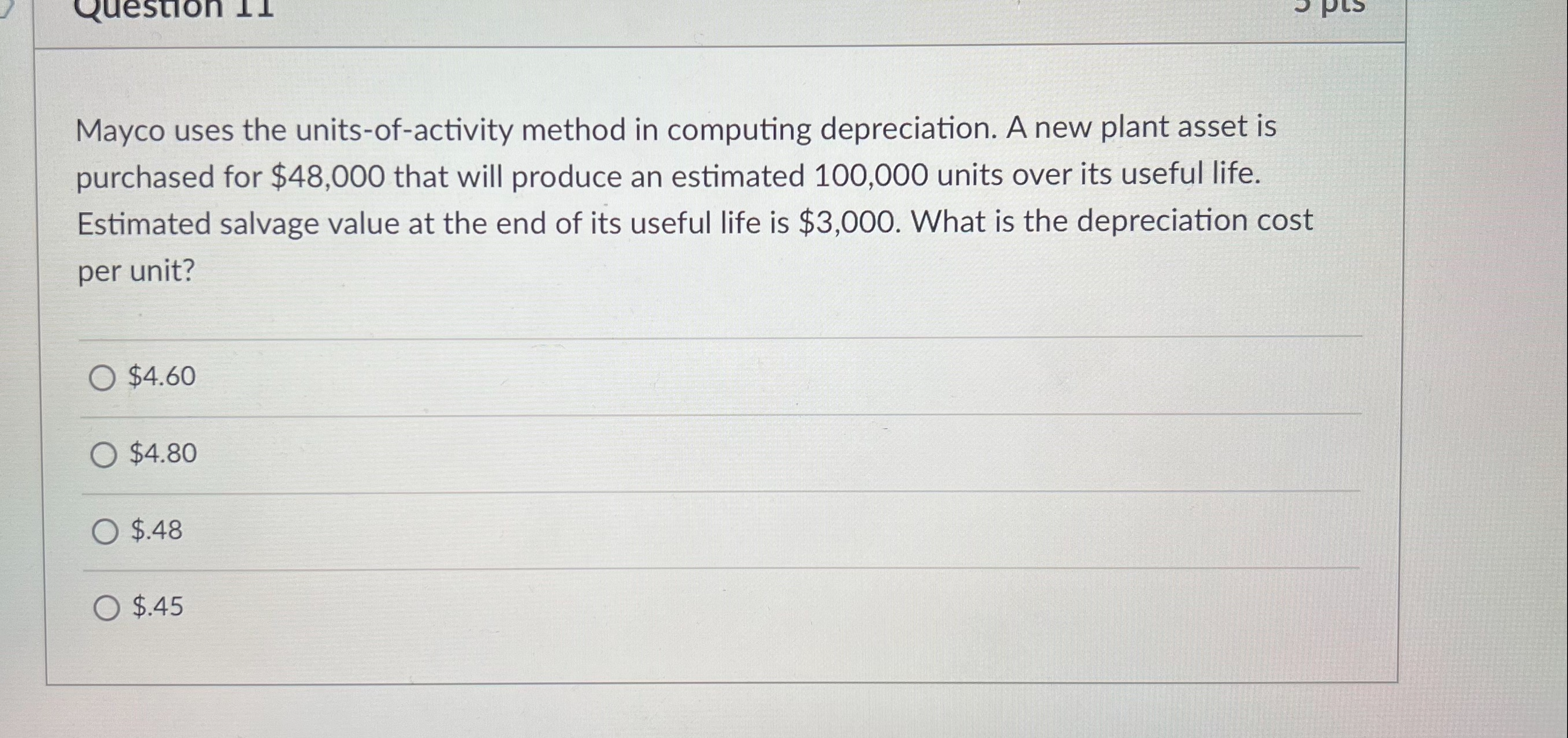Mayco uses the units-of-activity method in computing depreciation. A new plant