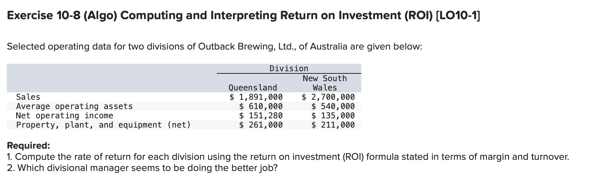 data for two divisions of Outback Brewing, Ltd., of Australia are given