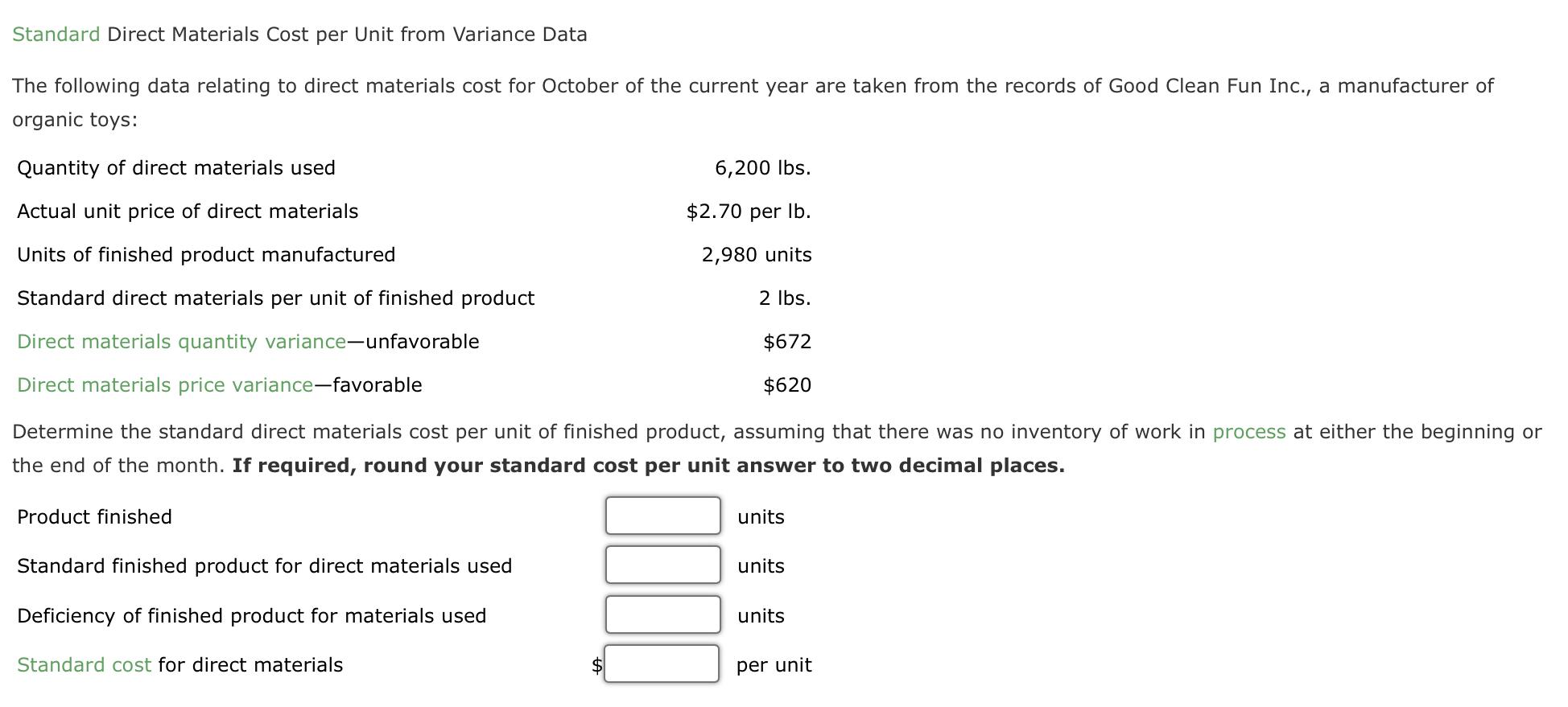data relating to direct materials cost for October of the current year