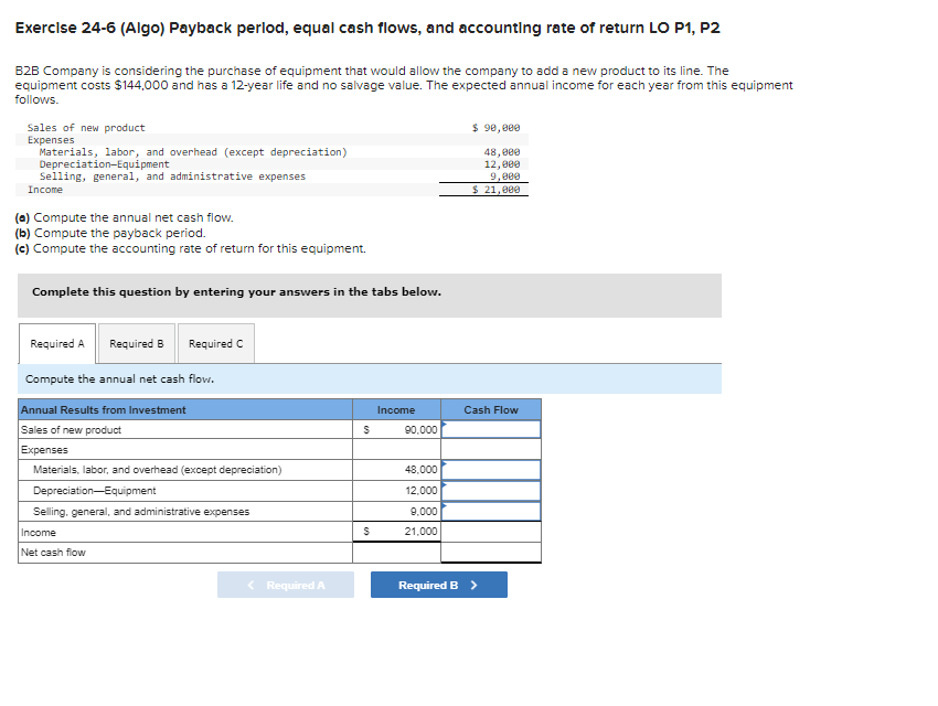 Exercise 24-6(Algo) Payback perlod, equal cash flows, and accounting rate of