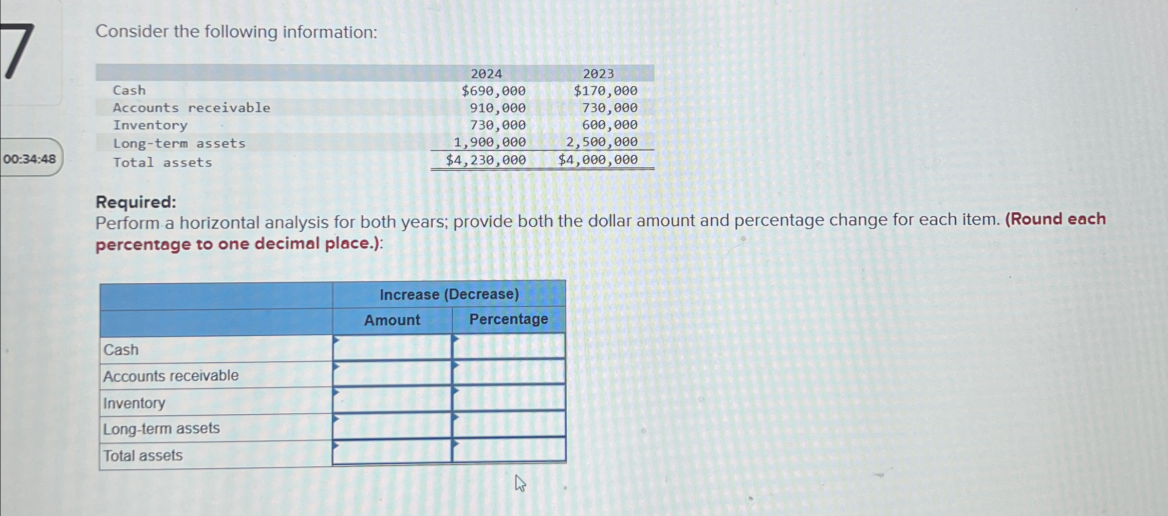  Consider the following information: \table[[,2024,2023],[Cash,$690,000,$170,000 