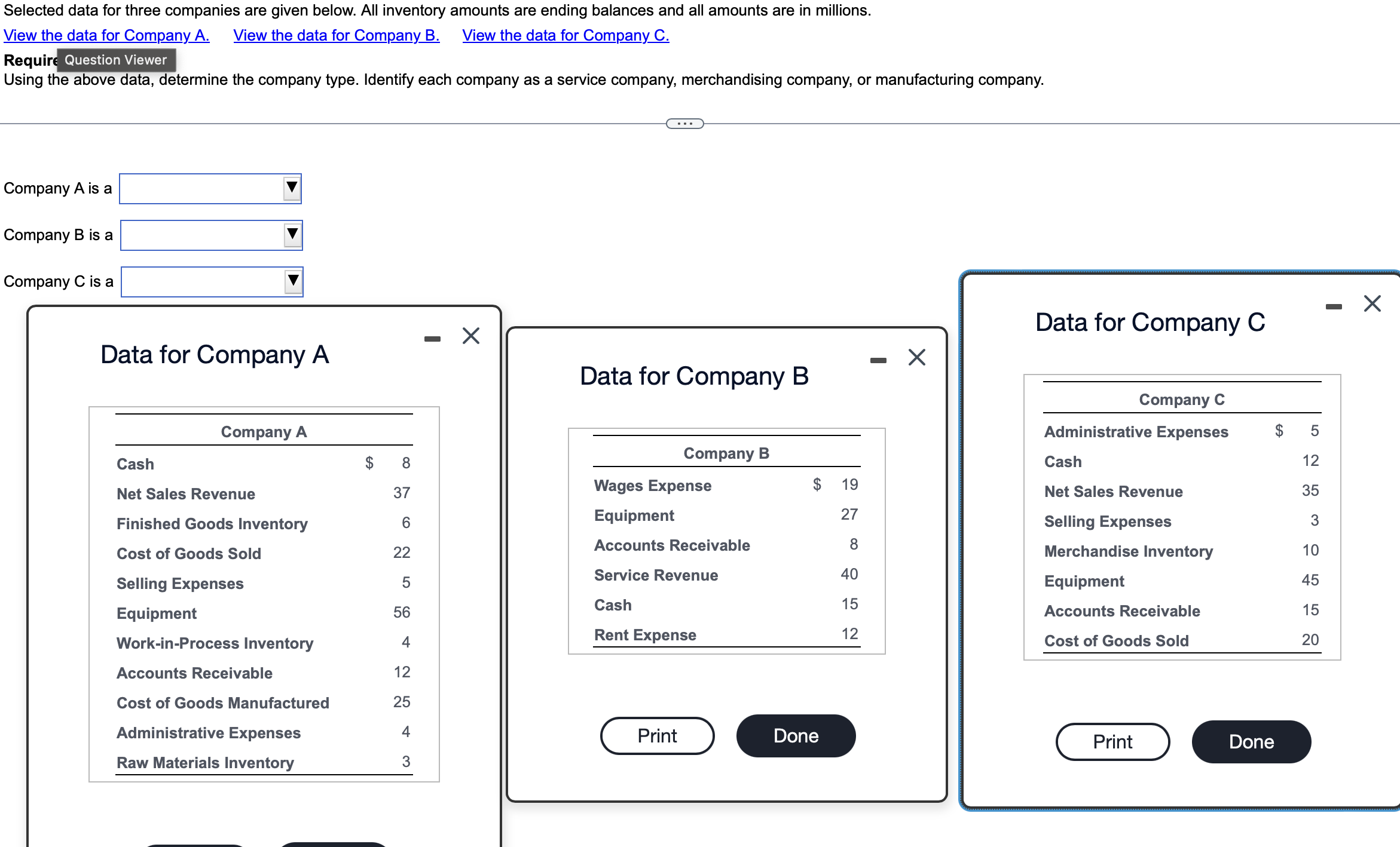  Selected data for three companies are given below. All inventory amounts