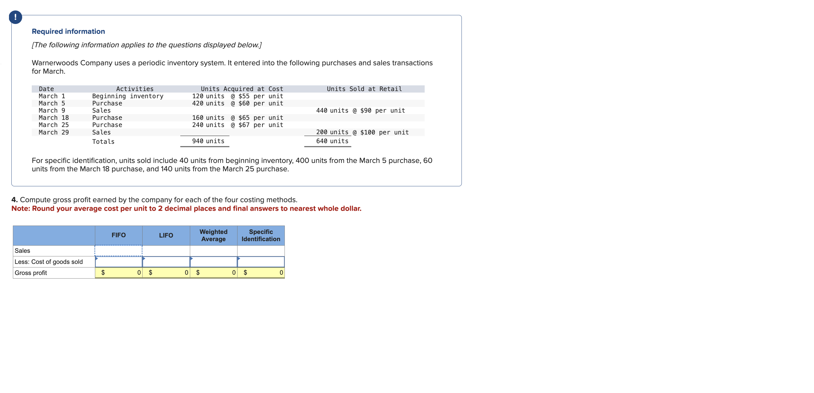 Required information [The following information applies to the questions displayed below.] Warnerwoods