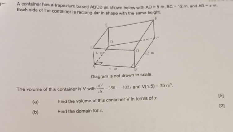  A container has a trapezium based ABCD as shown below with