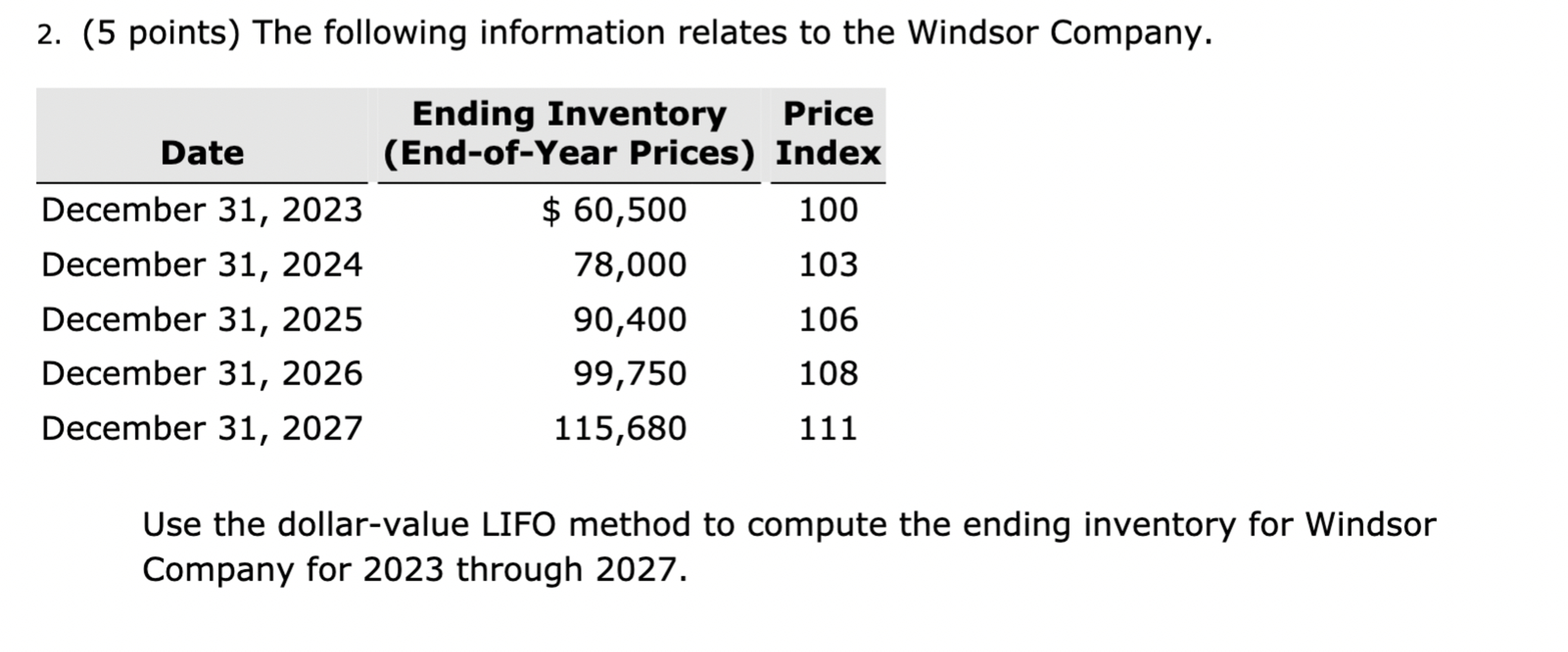 (5 points) The following information relates to the Windsor Company. Use