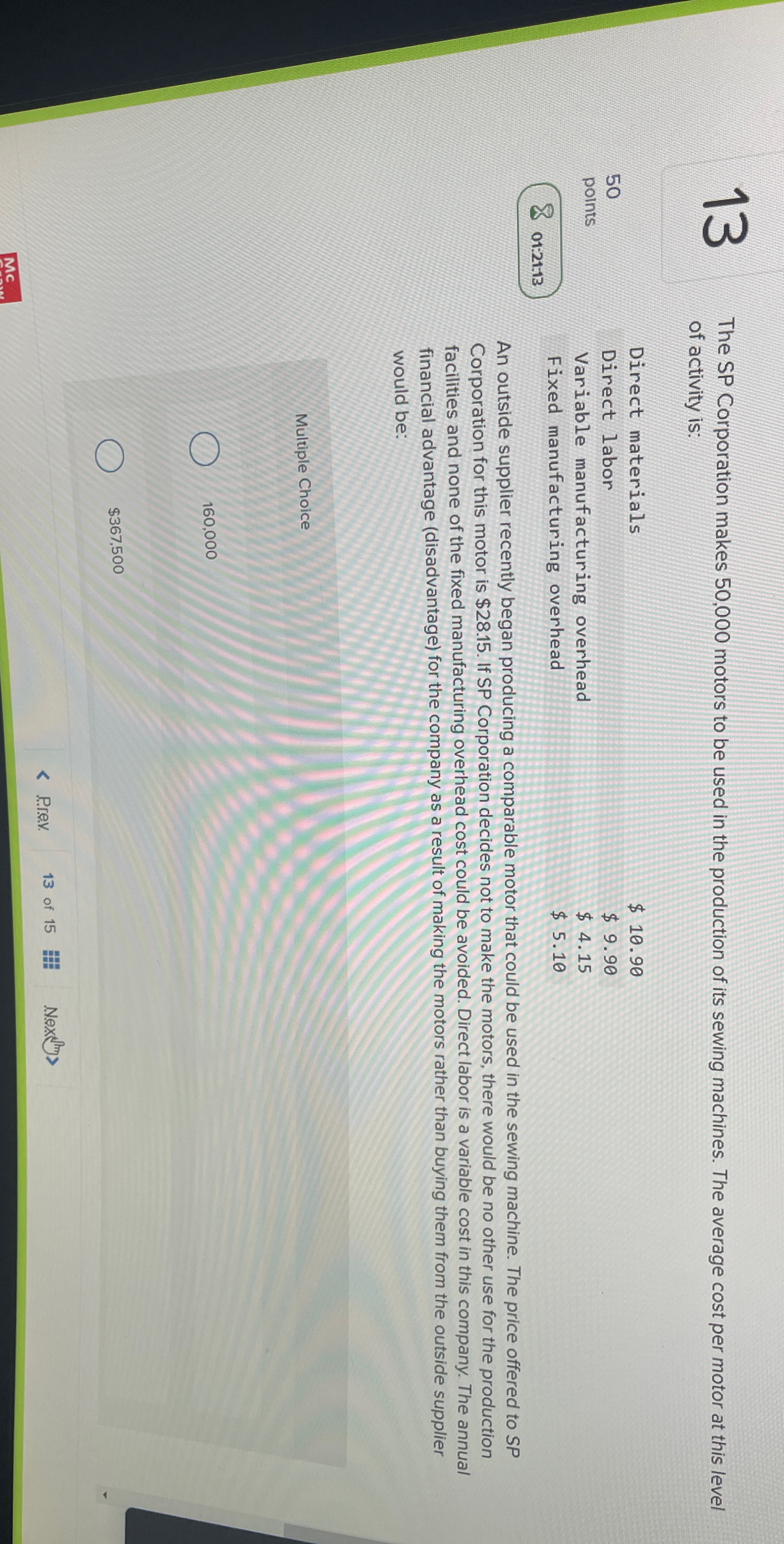  13 50 points 801:21:13 The SP Corporation makes 50,000 motors to