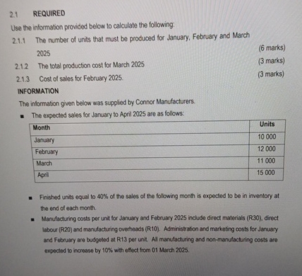  2.1 REQUIRED Use the information provided below to calculate the following: