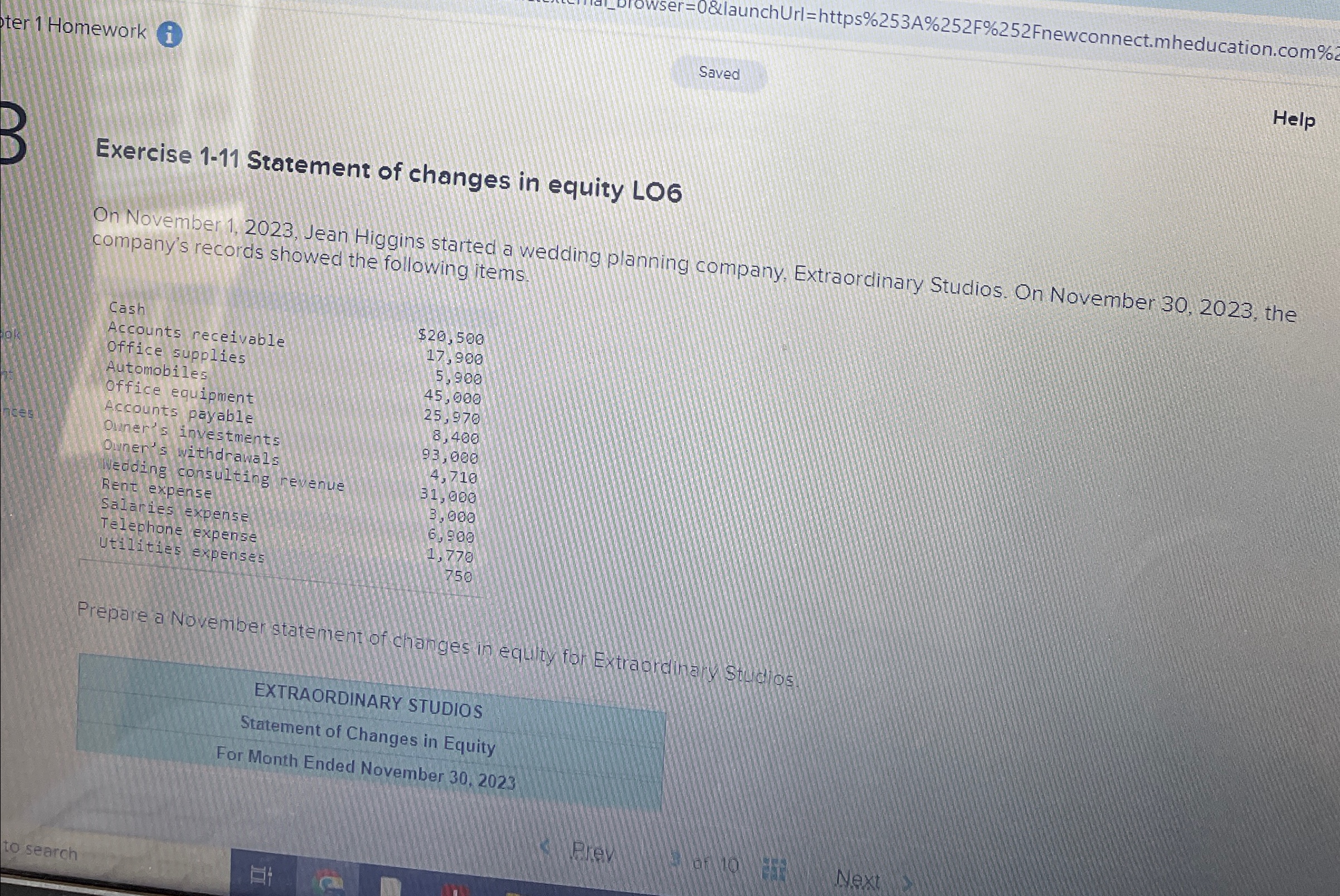 changes in equity LO6 On November 1,2023, Jean Higgins started a wedding