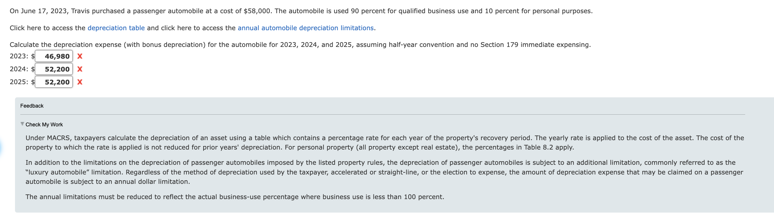 of $58,000. The automobile is used 90 percent for qualified business use