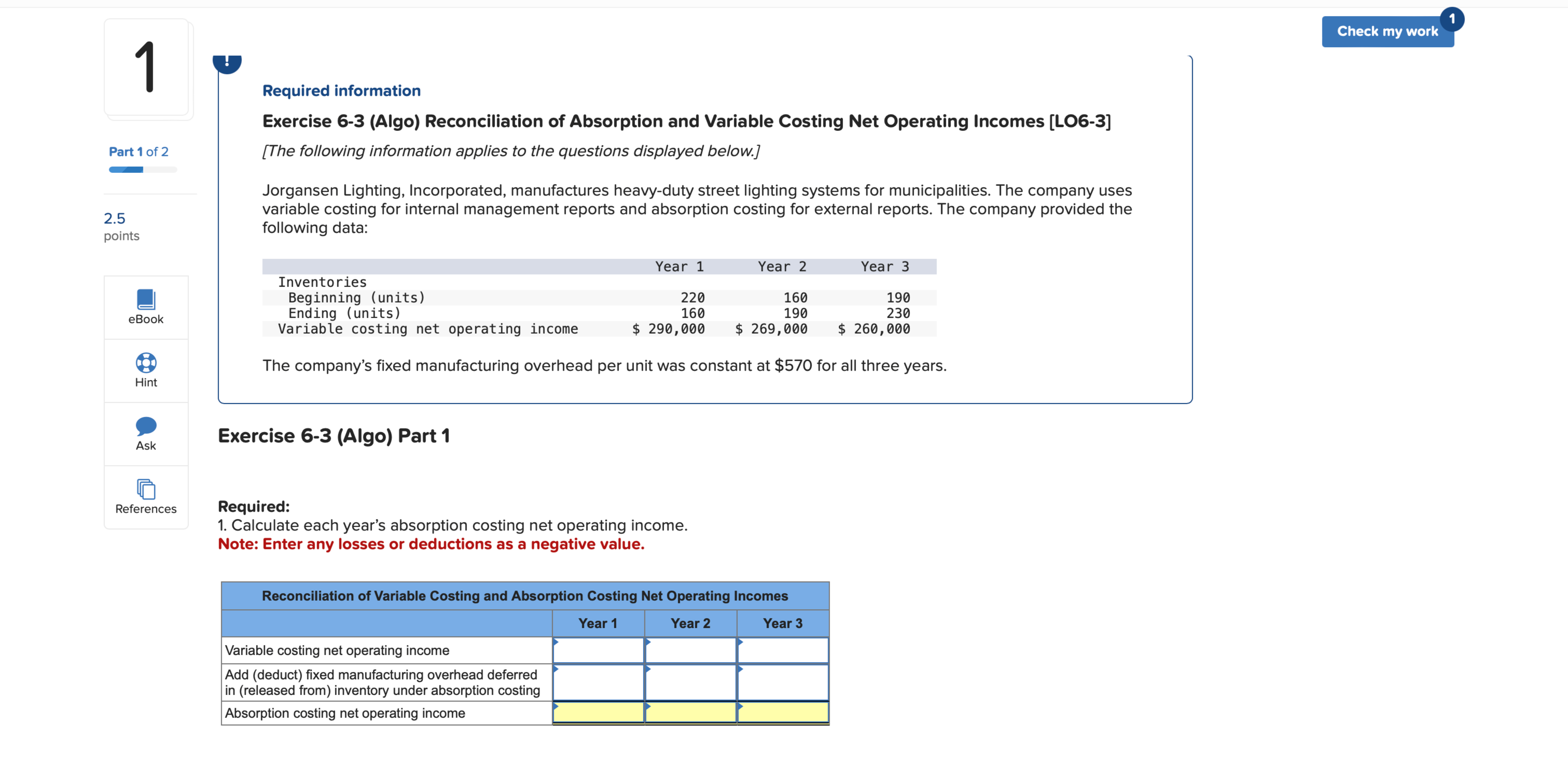 Operating Incomes [LO6-3] [The following information applies to the questions displayed below.]