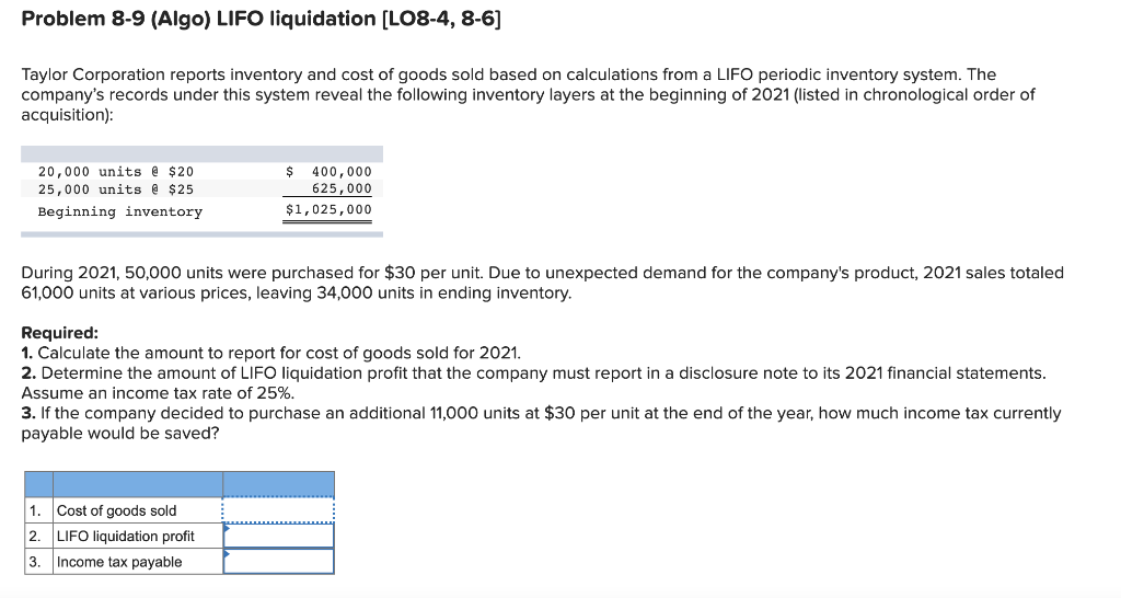  Problem 8-9(Algo) LIFO liquidation [LO8-4,8-6] A company reports inventory and cost