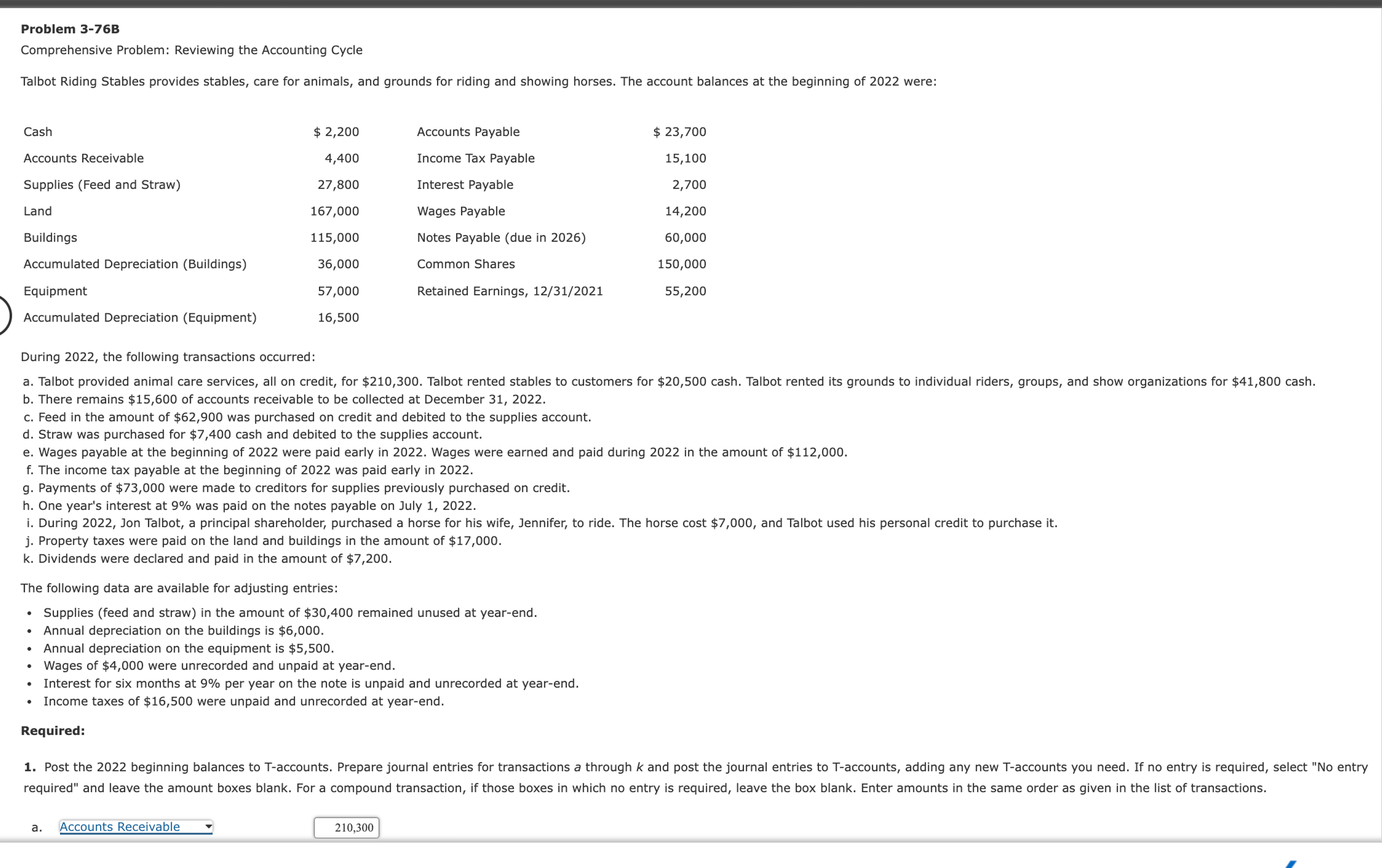  Problem 3-76B Comprehensive Problem: Reviewing the Accounting Cycle Talbot Riding Stables