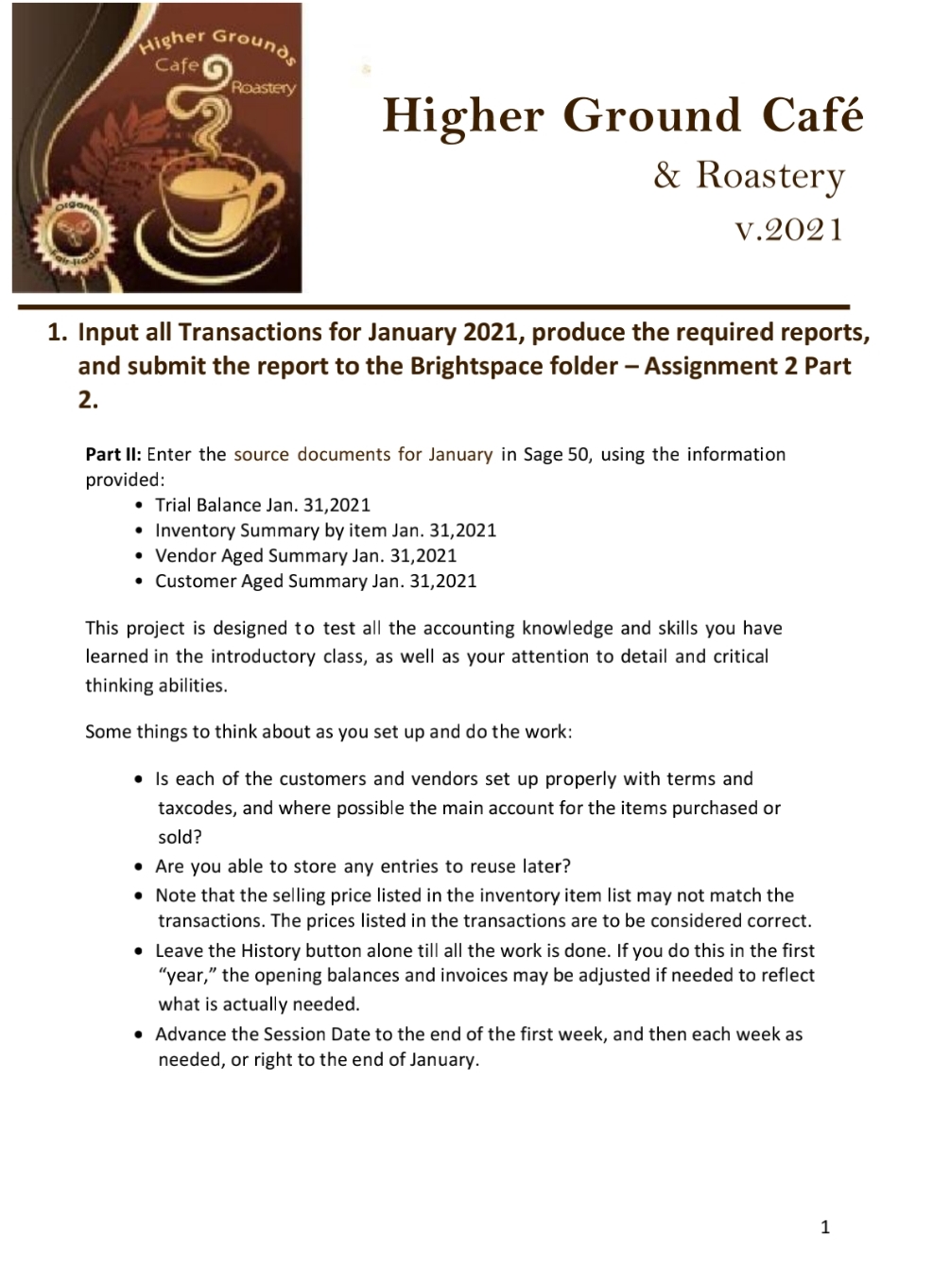  Higher Ground Caf & Roastery v.2021 Input all Transactions for January