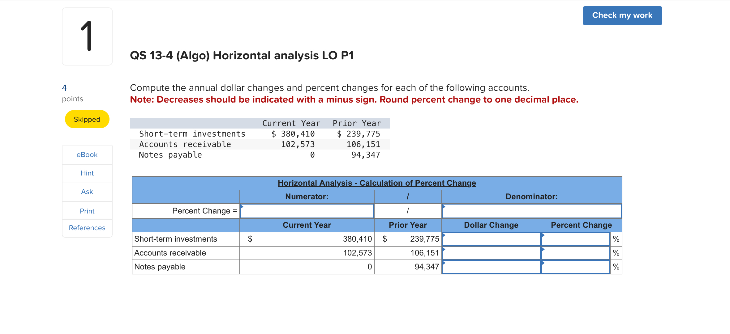 annual dollar changes and percent changes for each of the following accounts.