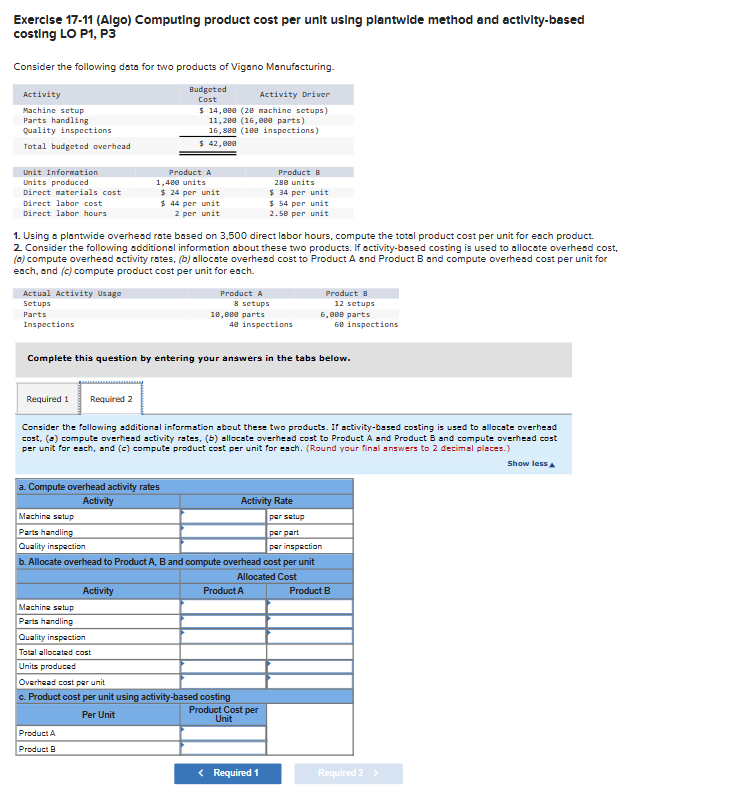actlvity-based costing LO P1, P3 Consider the following dato for two products