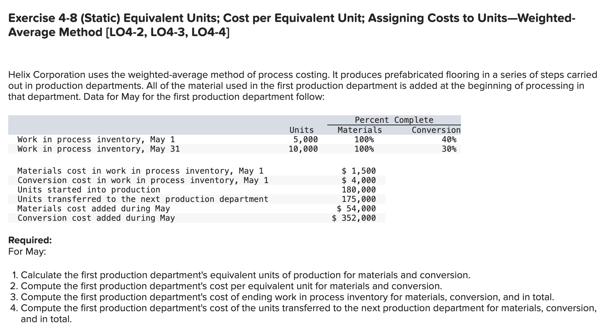  Exercise 4-8(Static) Equivalent Units; Cost per Equivalent Unit; Assigning Costs to