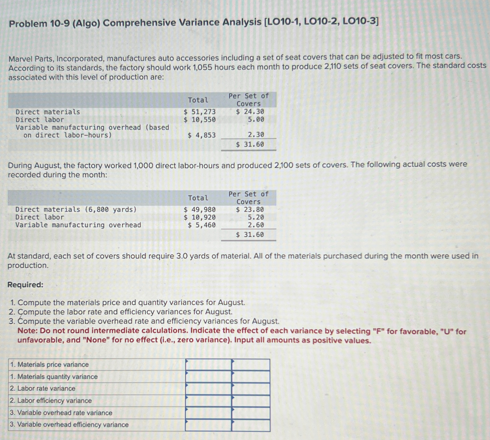  Problem 10-9(Algo) Comprehensive Variance Analysis [LO10-1, LO10-2, LO10-3] Marvel Parts, Incorporated,
