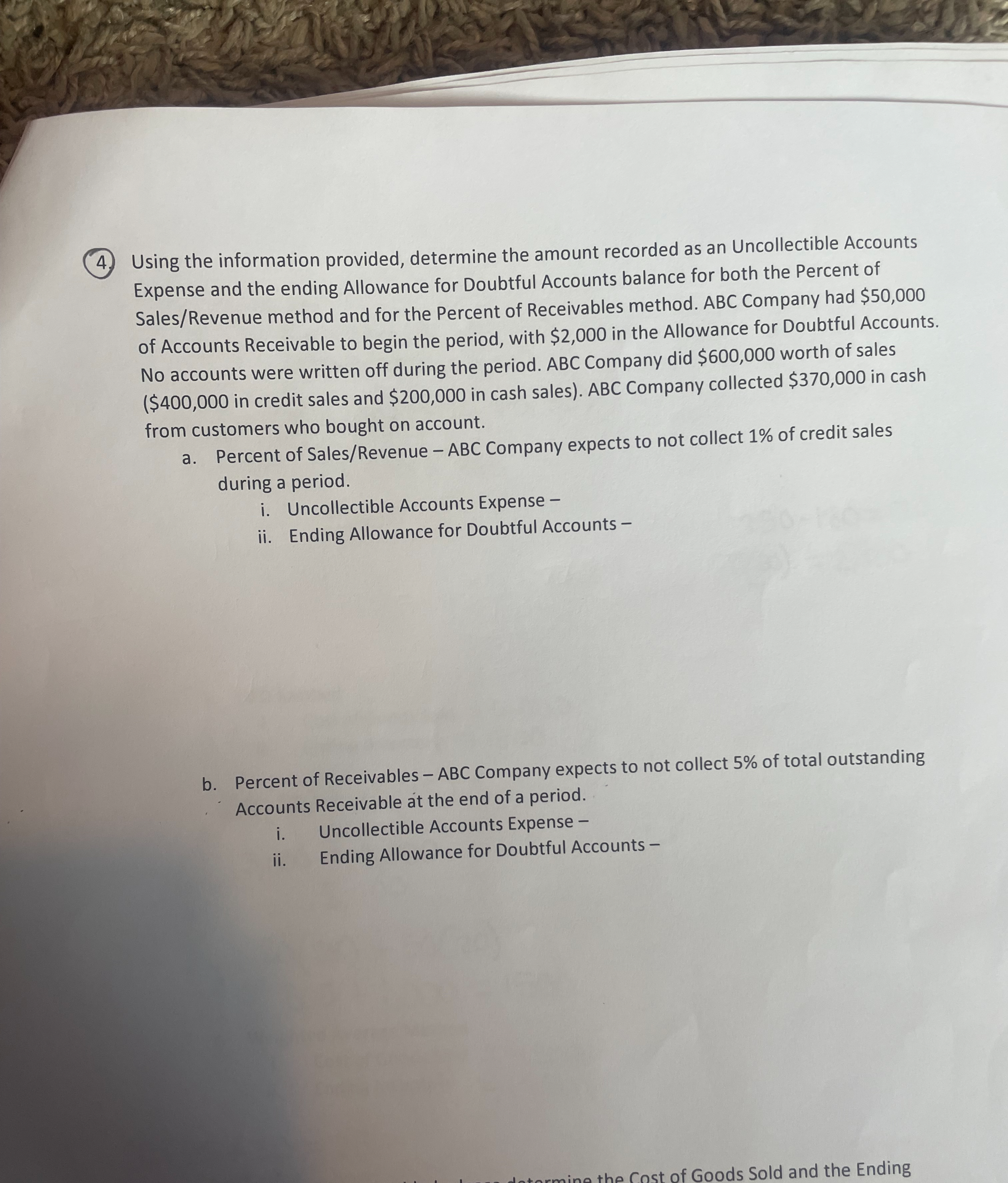 using the info provided, determine the amount recorded as an uncollectable