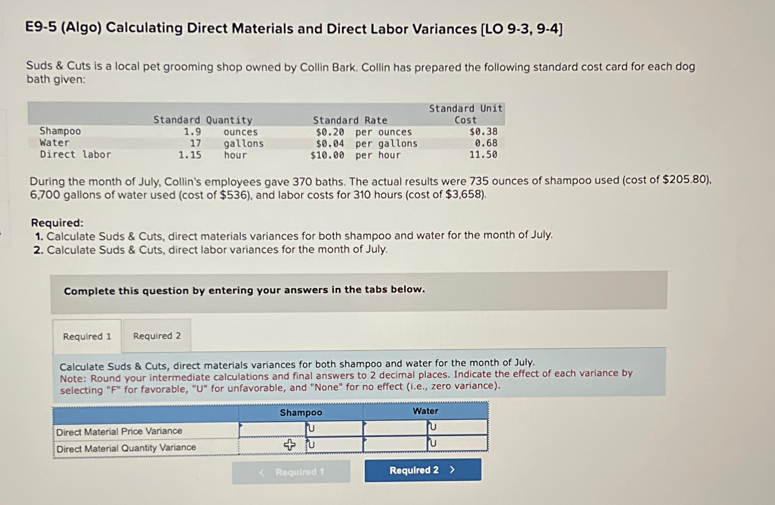  E9-5(Algo) Calculating Direct Materials and Direct Labor Variances [LO 9-3,9-4] Suds