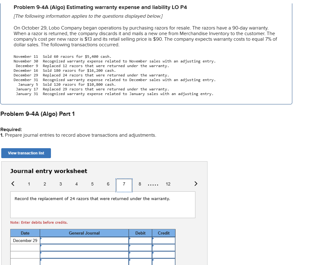  Problem 9-4A (Algo) Estimating warranty expense and liability LO P4 [The