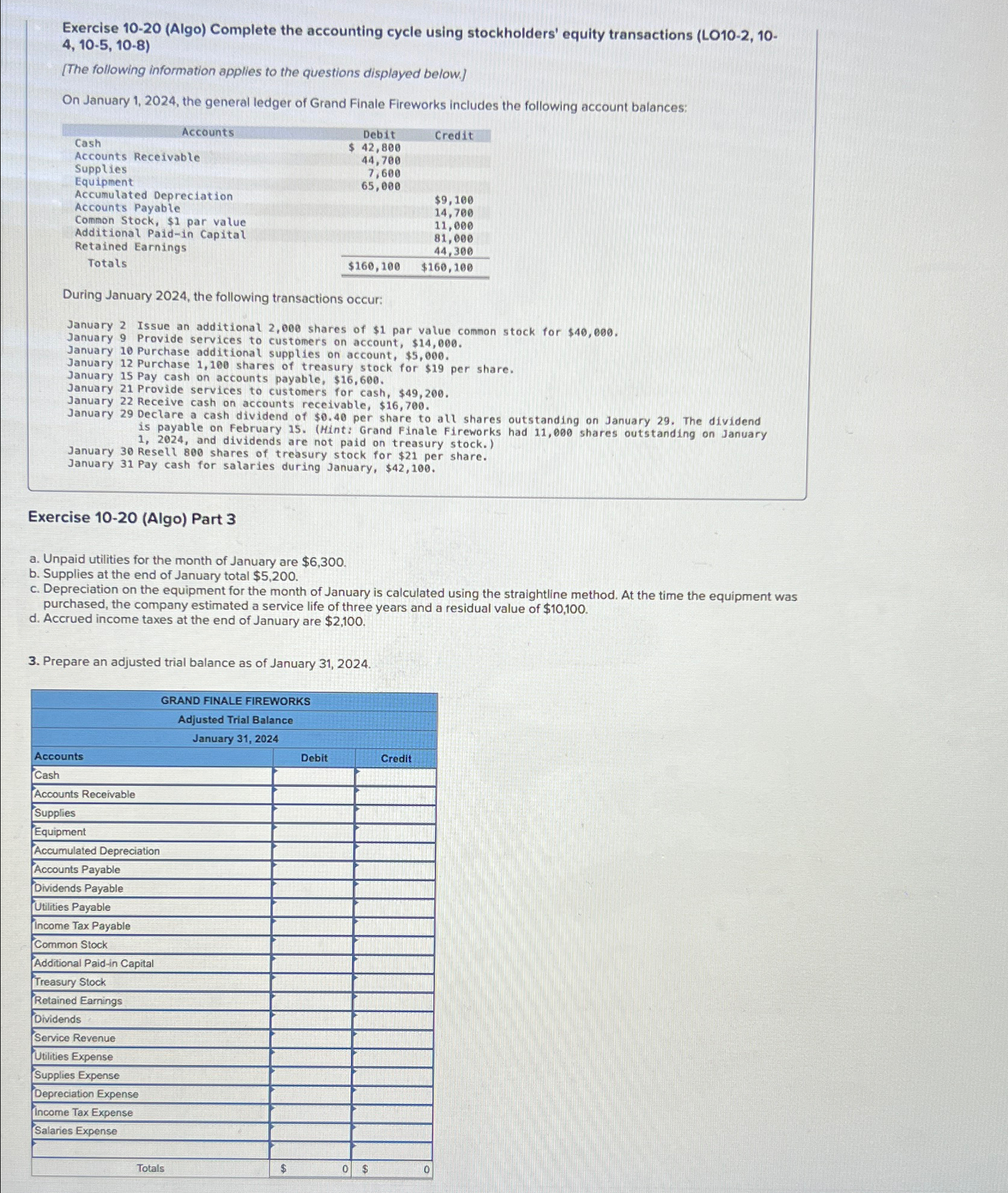 Exercise 10-20(Algo) Complete the accounting cycle using stockholders' equity transactions (LO10-2,104,10-5,10-8