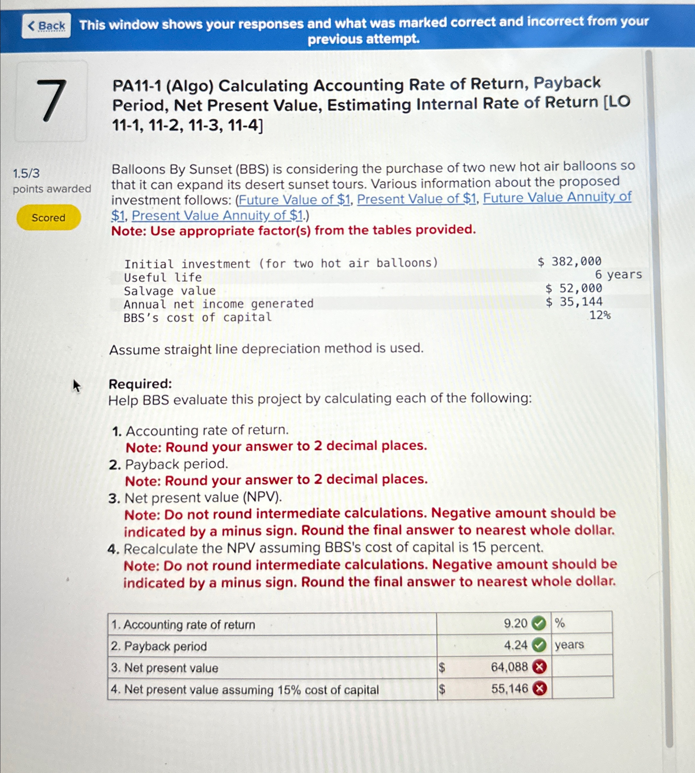  Back This window shows your responses and what was marked correct