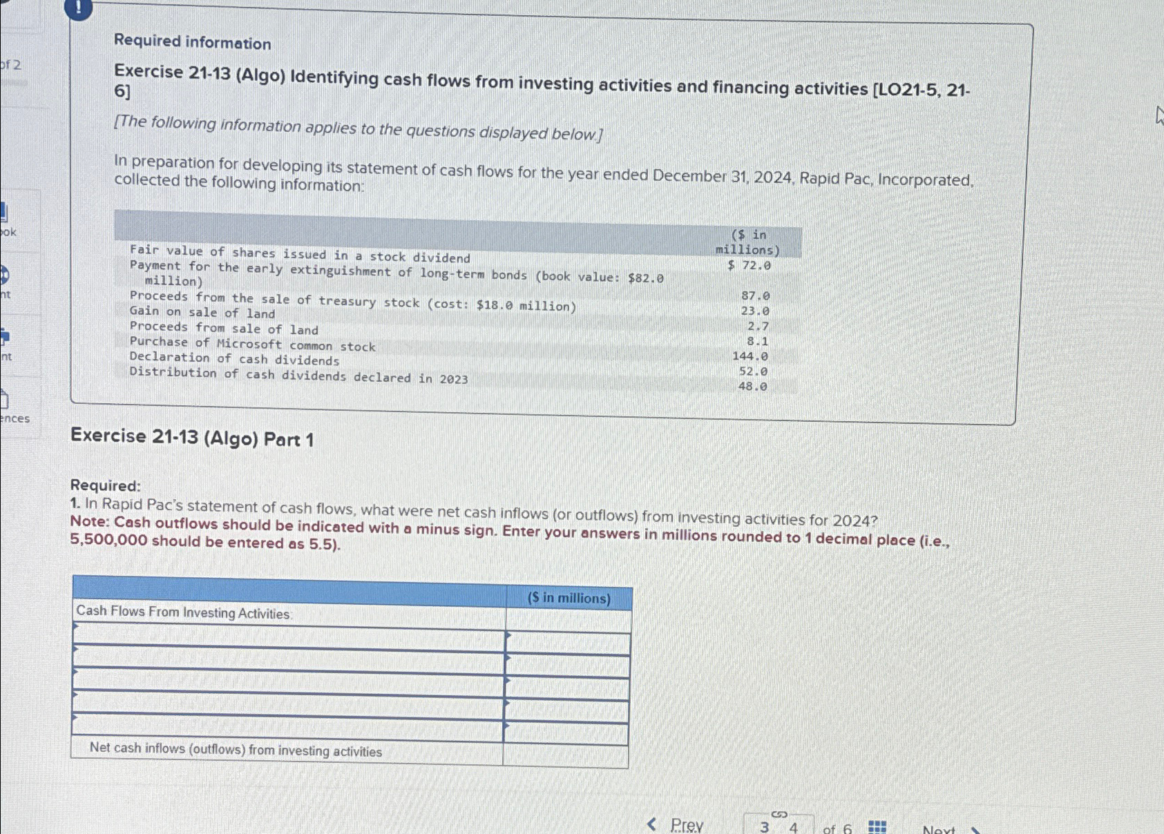  Required information Exercise 21-13(Algo) Identifying cash flows from investing activities and
