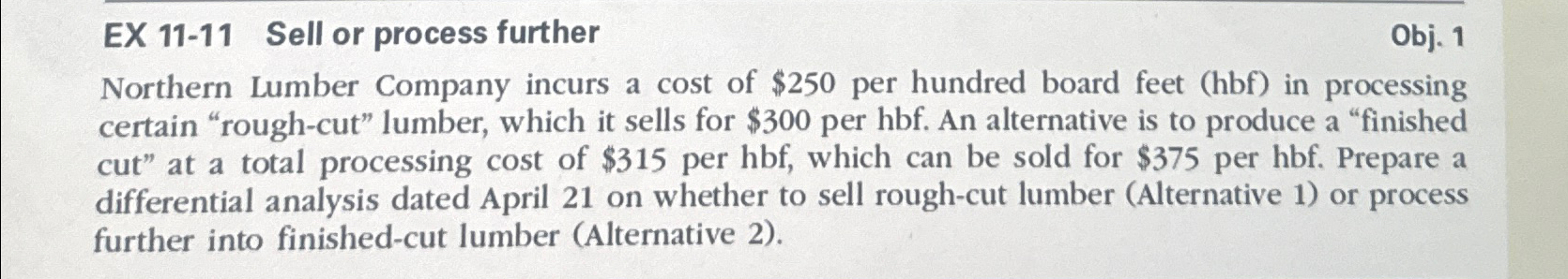 incurs a cost of $250 per hundred board feet (hbf) in processing