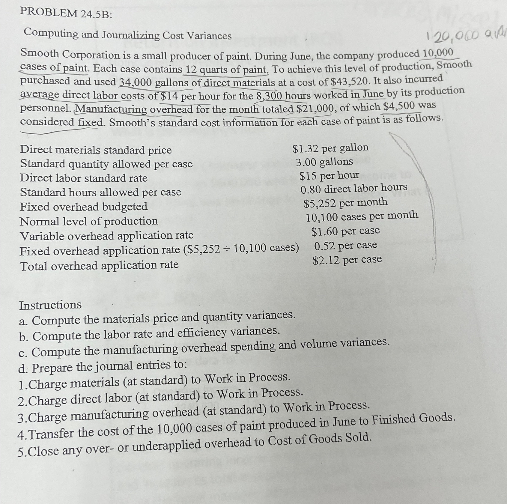PROBLEM 24.5B: Computing and Journalizing Cost Variances Smooth Corporation is a