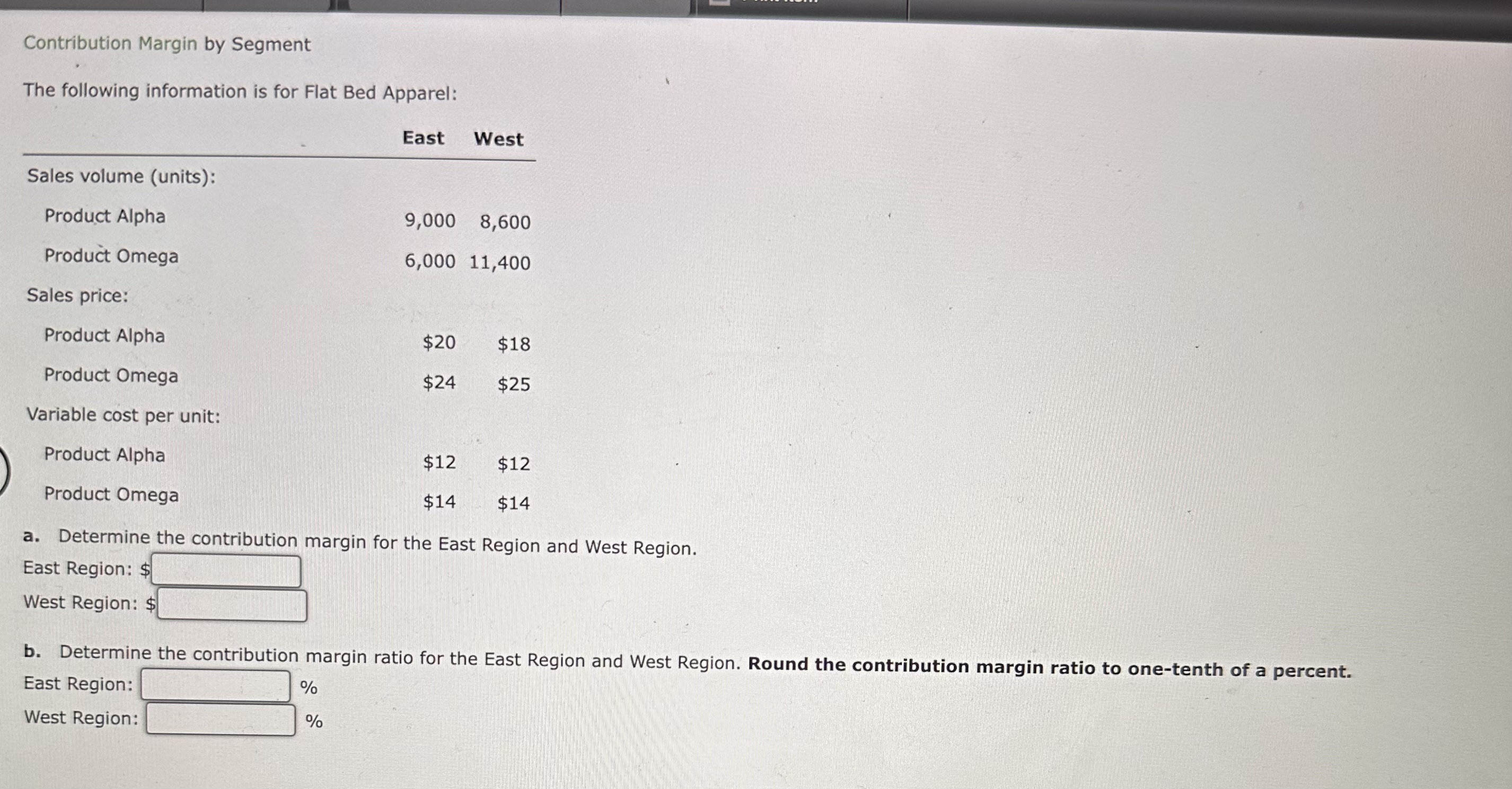 Apparel: \table[[,East West,],[Sales volume (units):,,],[Product Alpha,9,000,8,600],[Product Omega,6,000,11,400]] Sales price: Product Alpha Product