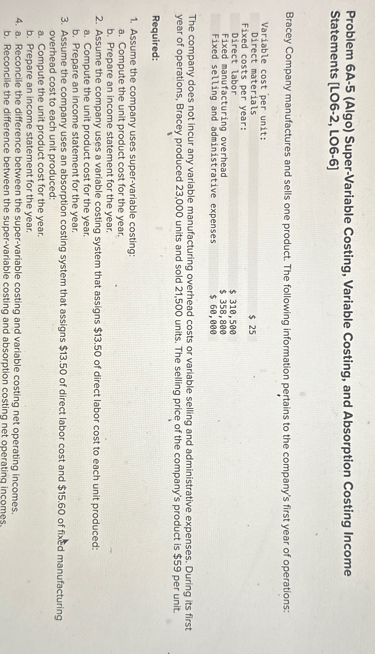  Problem 6A-5(Algo) Super-Variable Costing, Variable Costing, and Absorption Costing Income Statements