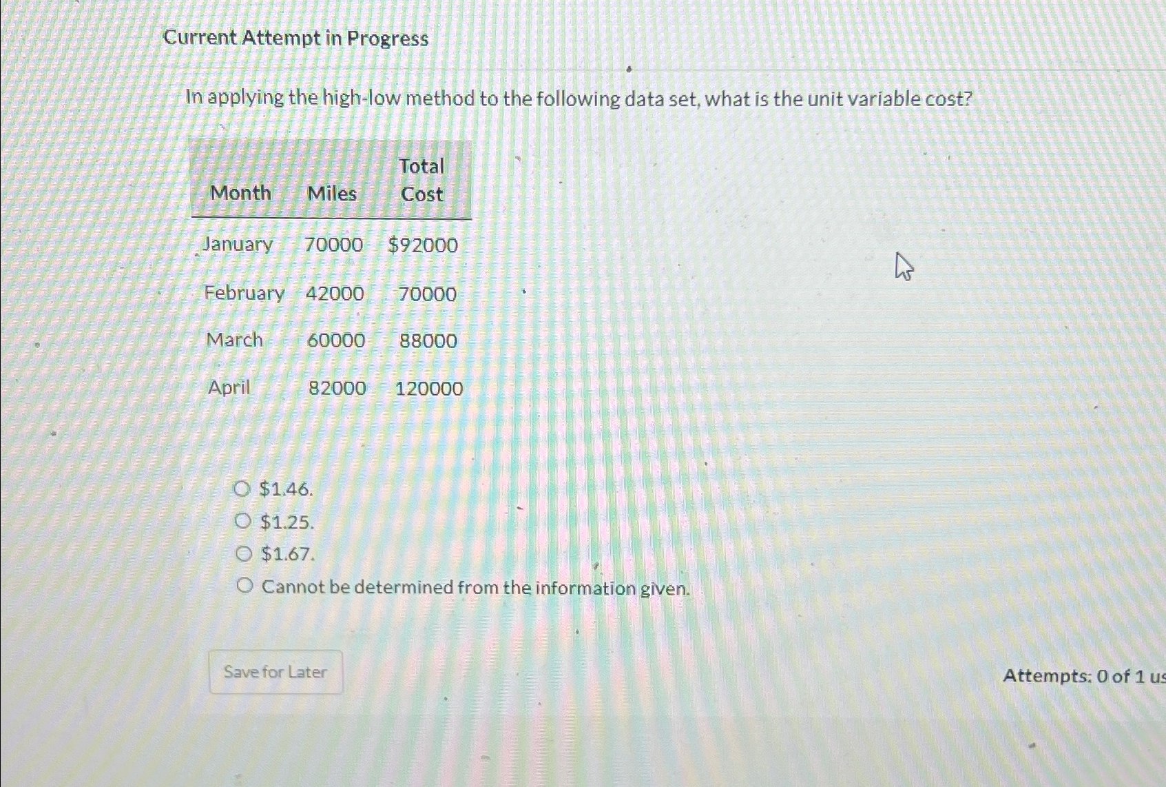 following data set, what is the unit variable cost? \table[[Month,Miles,\table[[Total],[Cost]]],[January,70000,$92000 