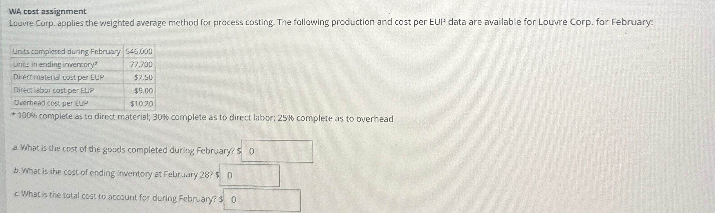 WA cost assignment Louvre Corp. applies the weighted average method for