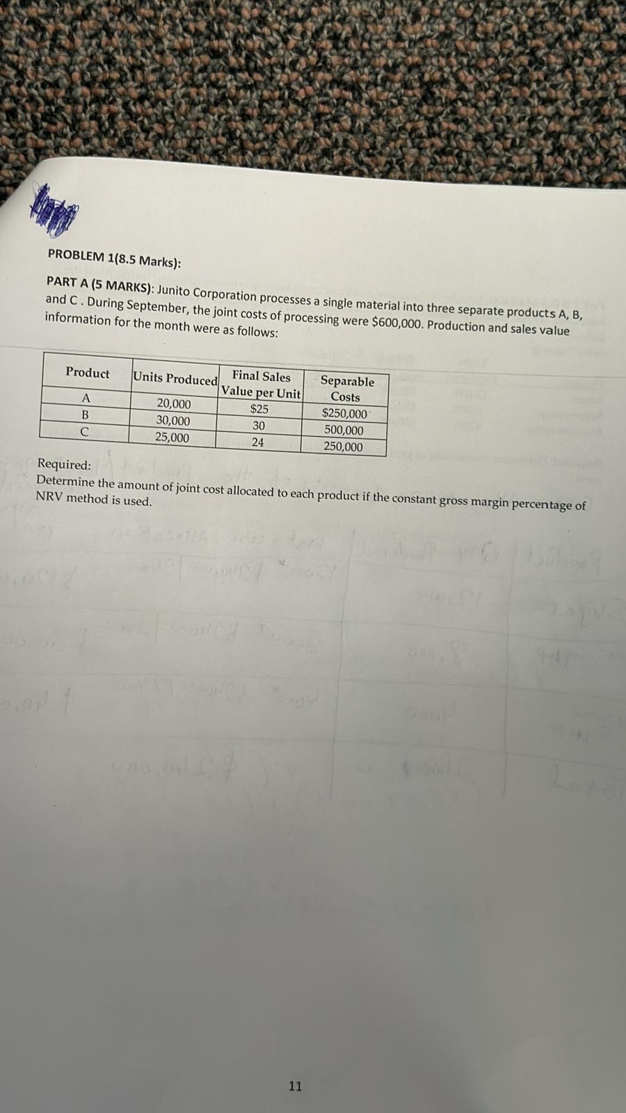 single material into three separate products A, B, and C. During September,