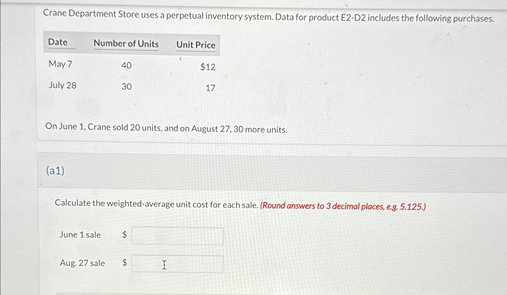  Crane Department Store uses a perpetual inventory system. Data for product