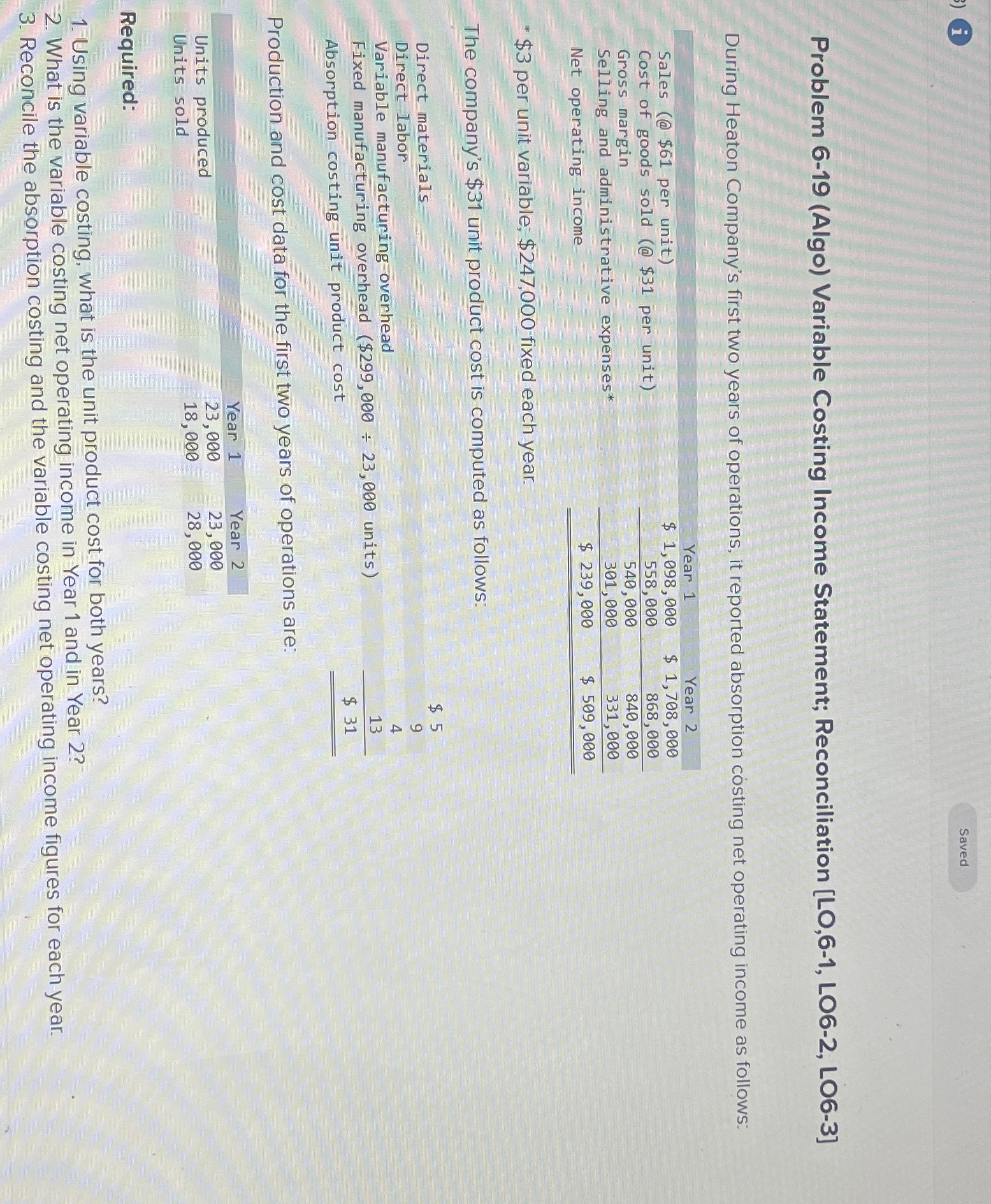  Problem 6-19(Algo) Variable Costing Income Statement; Reconciliation [LO,6-1, LO6-2, LO6-3] During