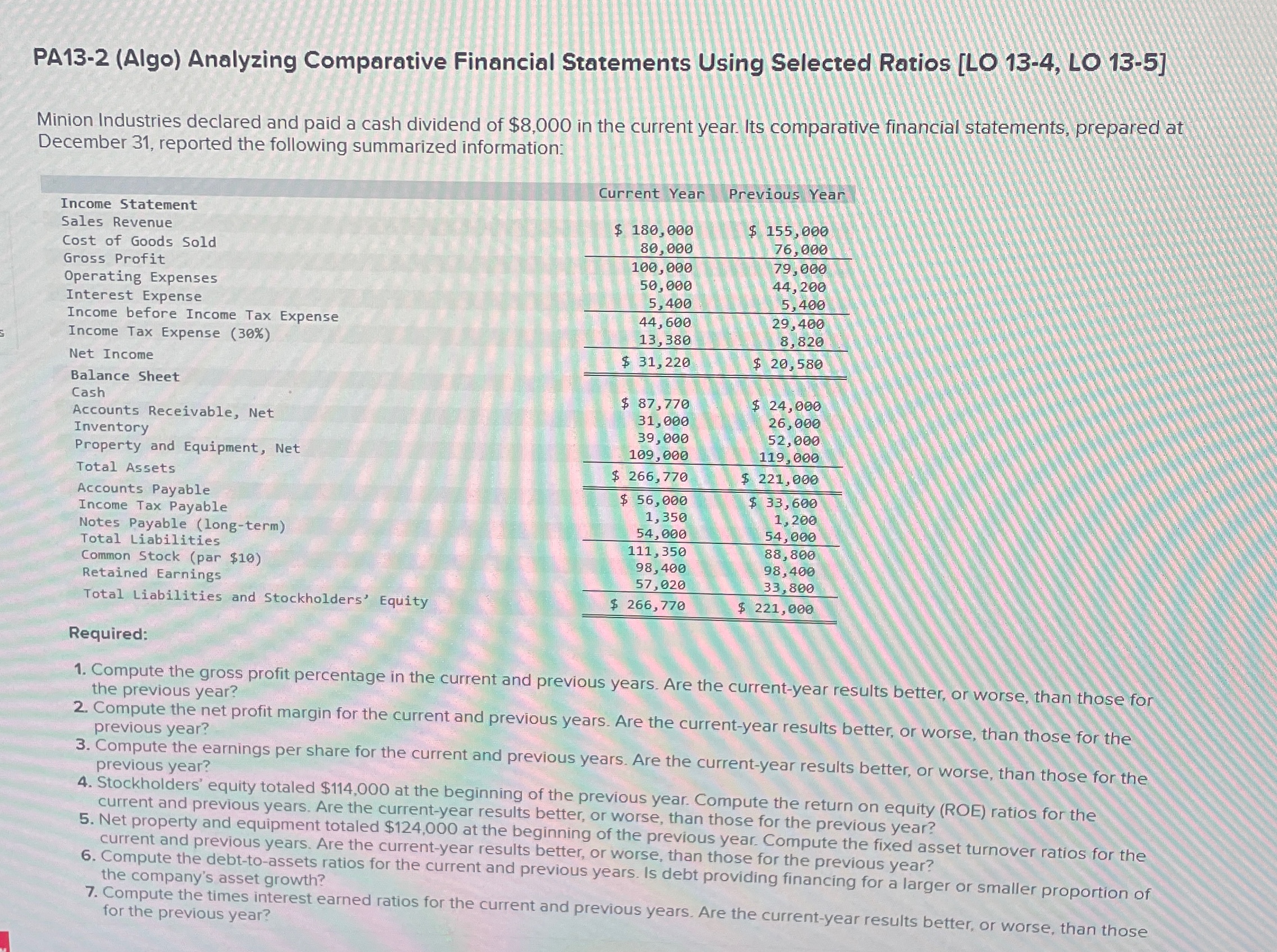 PA13-2(Algo) Analyzing Comparative Financial Statements Using Selected Ratios [LO 13-4, LO