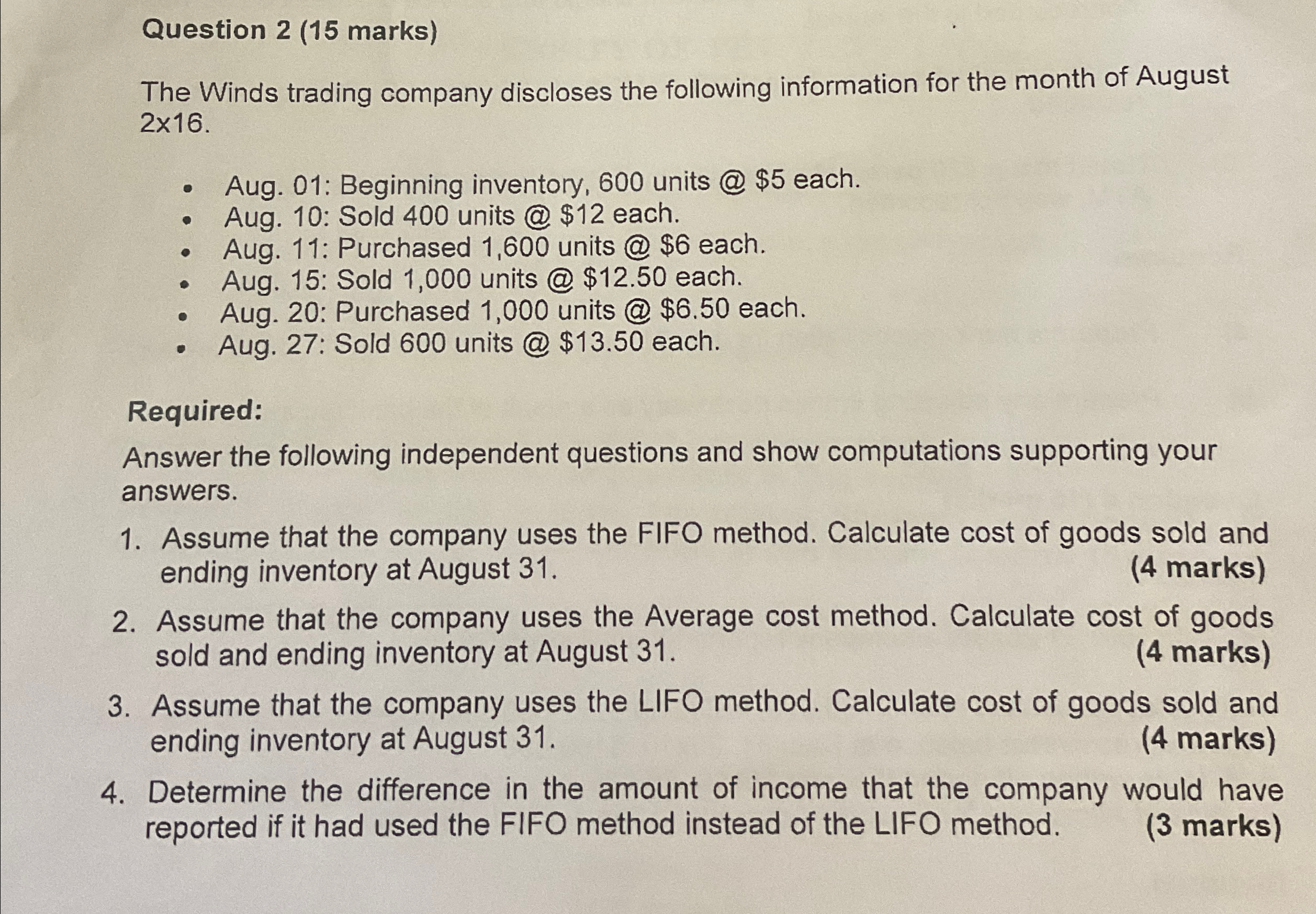 for the month of August 216. Aug. 01: Beginning inventory, 600 units