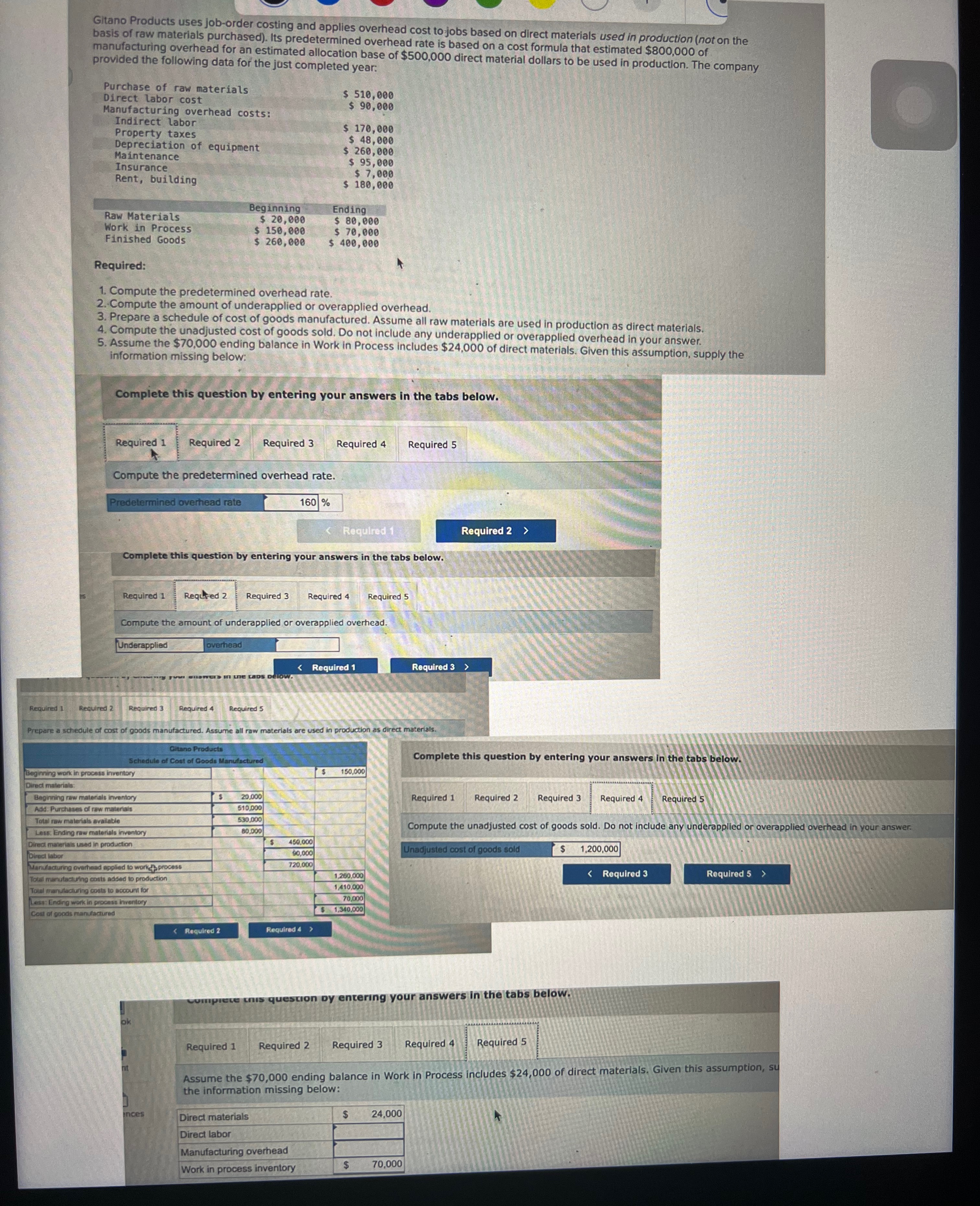 Gitano Products uses job-order costing and applies overhead cost tojobs based on