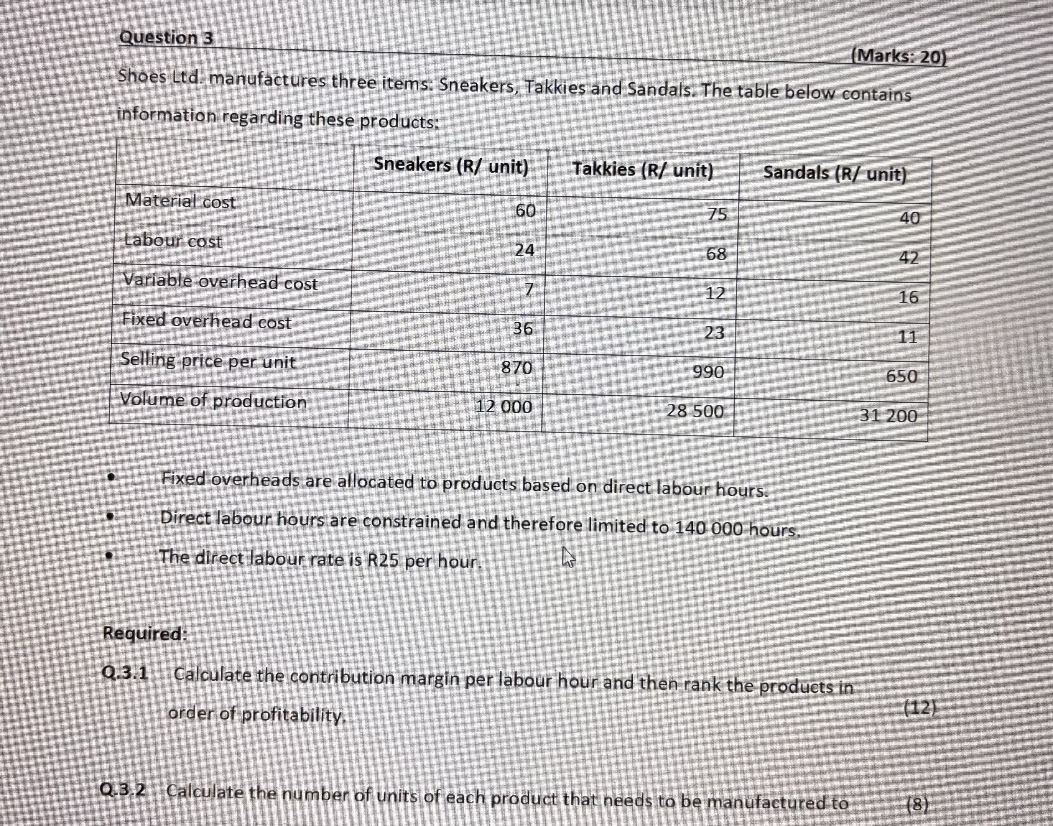  Hi, please help with question 3.1 and 3.2 Question 3(Marks: 20)Shoes