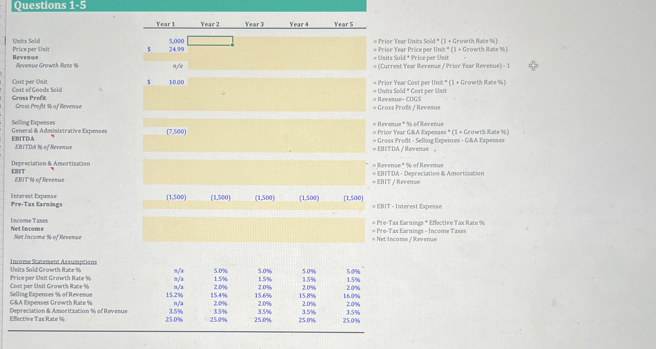 Complete the financial model using the assumptions provided by filling in the