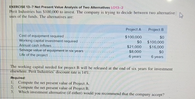 Industries has $100,000 to invest. The company is trying to decide between